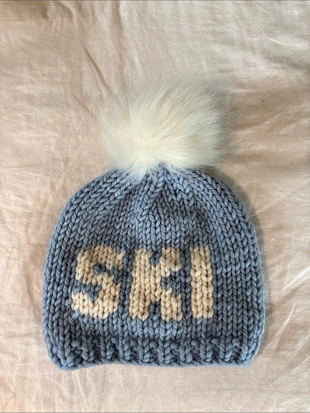 SKI Wool Pom Beanie in Blue & Cream Like New